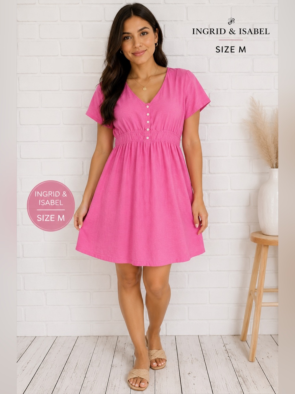 INGRID & ISABEL Barbiecore Vibrant Pink Buttoned-v-Neck maternity Dress/M